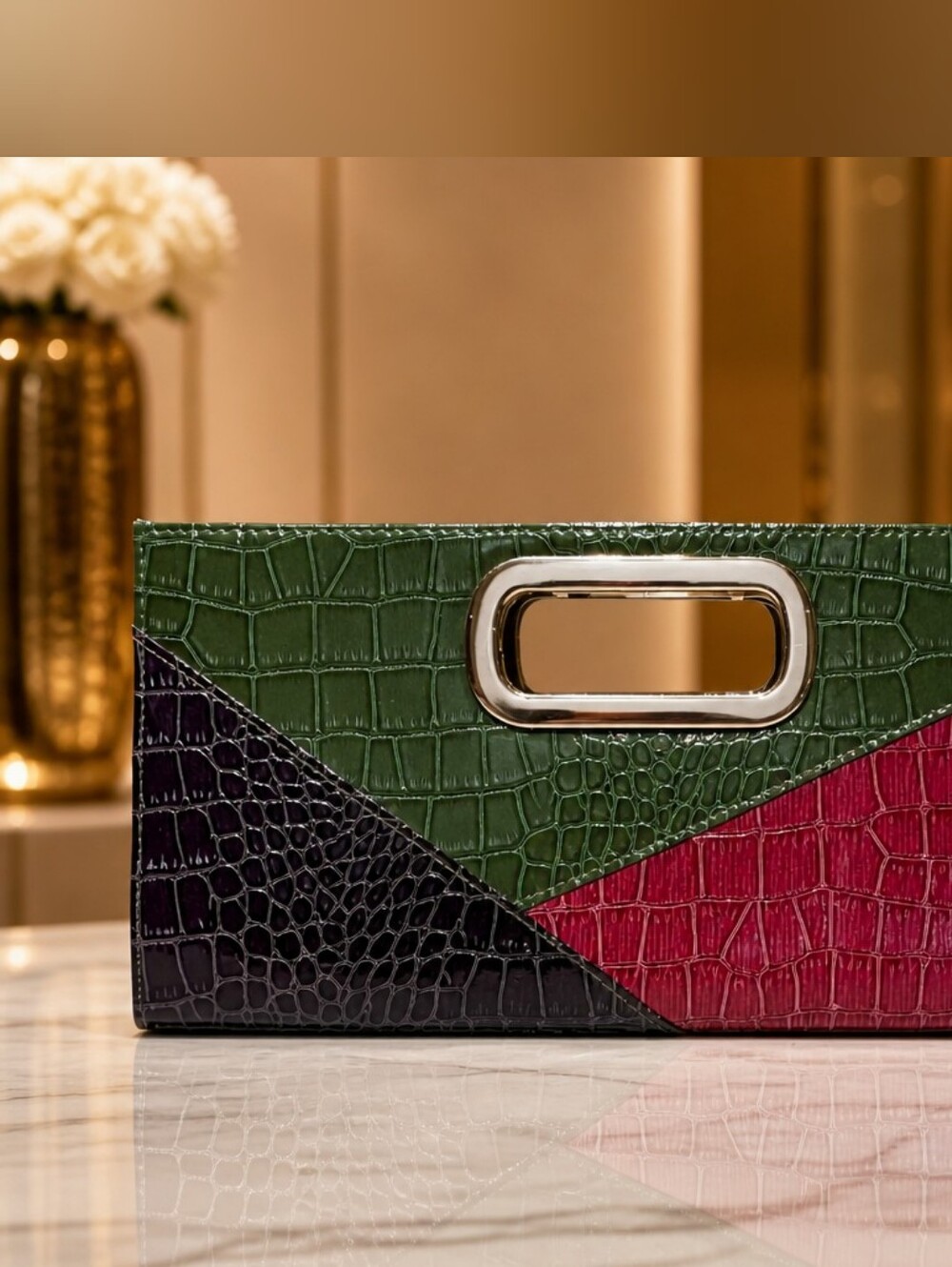 Vintage 80s Giannini Color-Blocked Faux Crocodile Metal-Handle Clutch Purse Bag